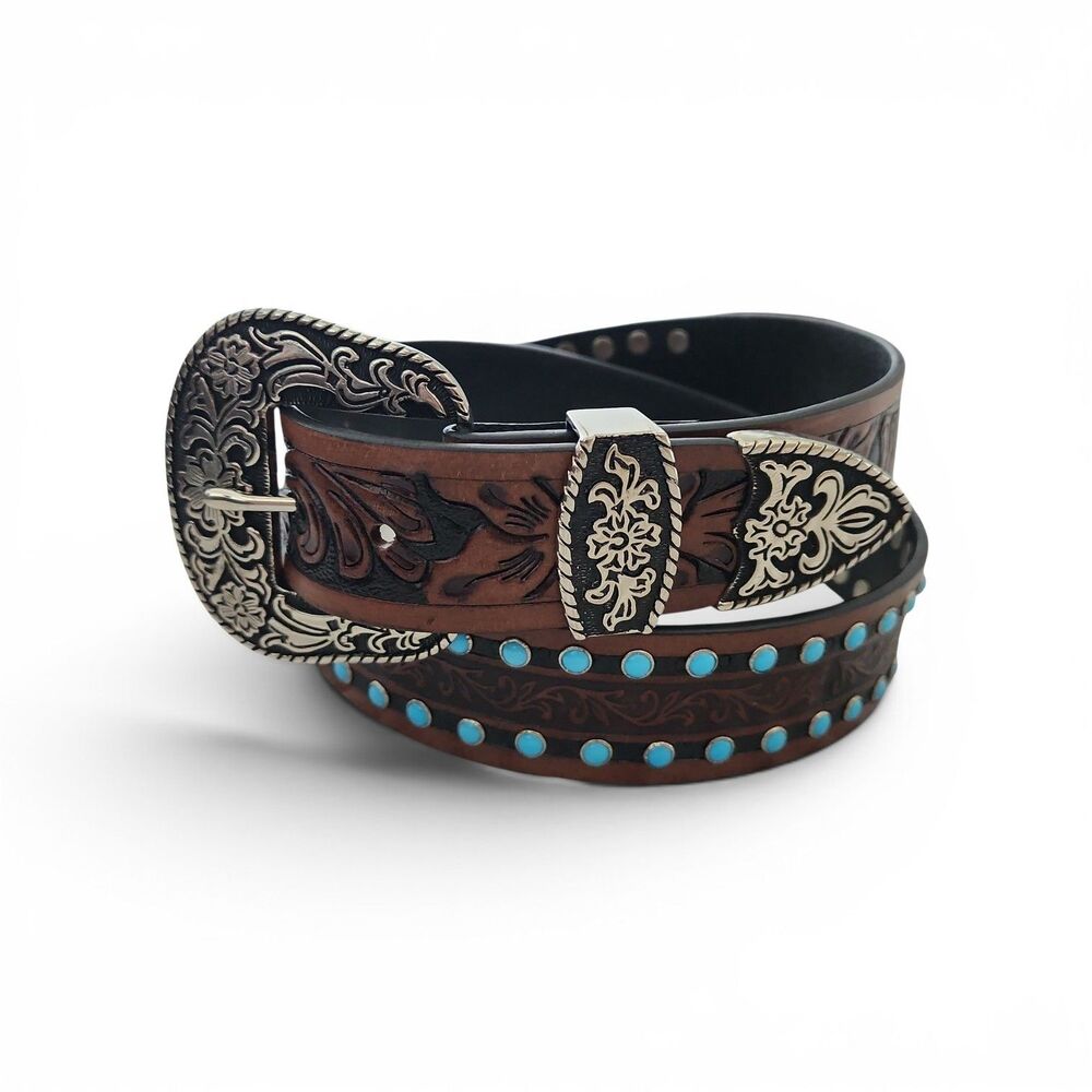Western Floral Tooled Leather Belt Turquoise Studs Size 36 Showroom Sample